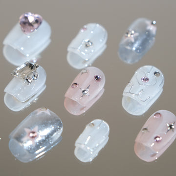 Purity | Handmade Pink White Diamonds Square Light Noble Press On Nails