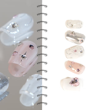 Purity | Handmade Pink White Diamonds Square Light Noble Press On Nails