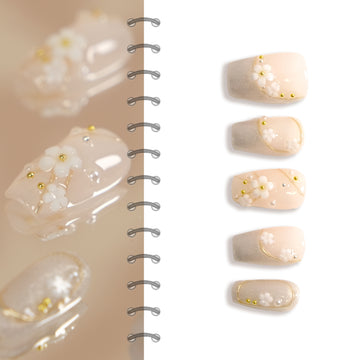 Royal Court | Handmade Squoval Flower Pearl Ballerina French Nude 3D Press On Nails