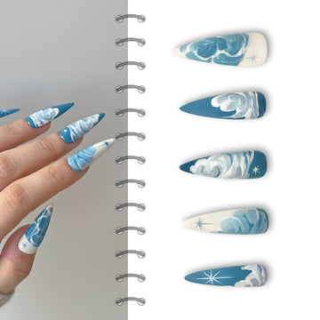 Blue Cloud Dream Painting|Handmade Hand Drawing Coffin Luxury Press On Nails